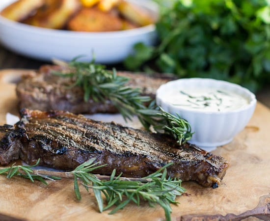 New York Strip Steaks with Horseradish Mustard Sauce
