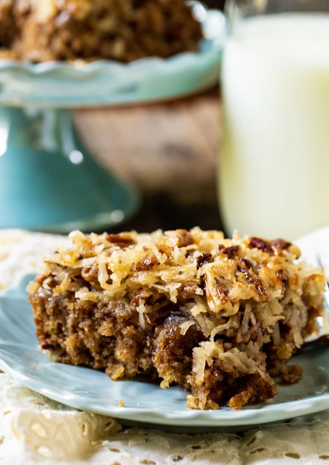 Old-Fashioned Oatmeal Cake on a blue plate.