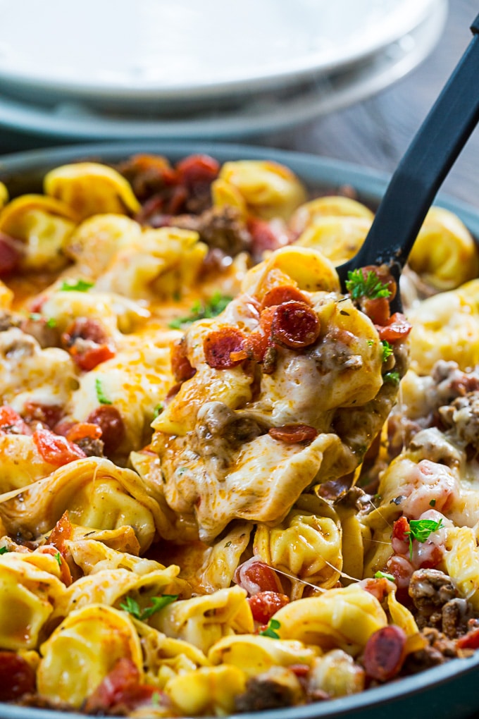 One Pot Meaty Tortellini with ground beef and pepperoni