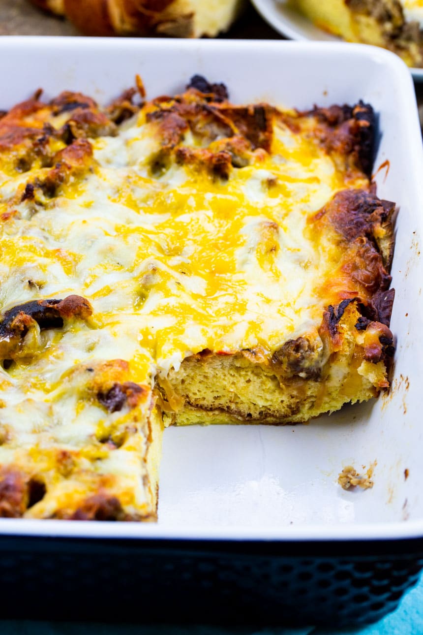 Breakfast Casserole with a slice cut out.