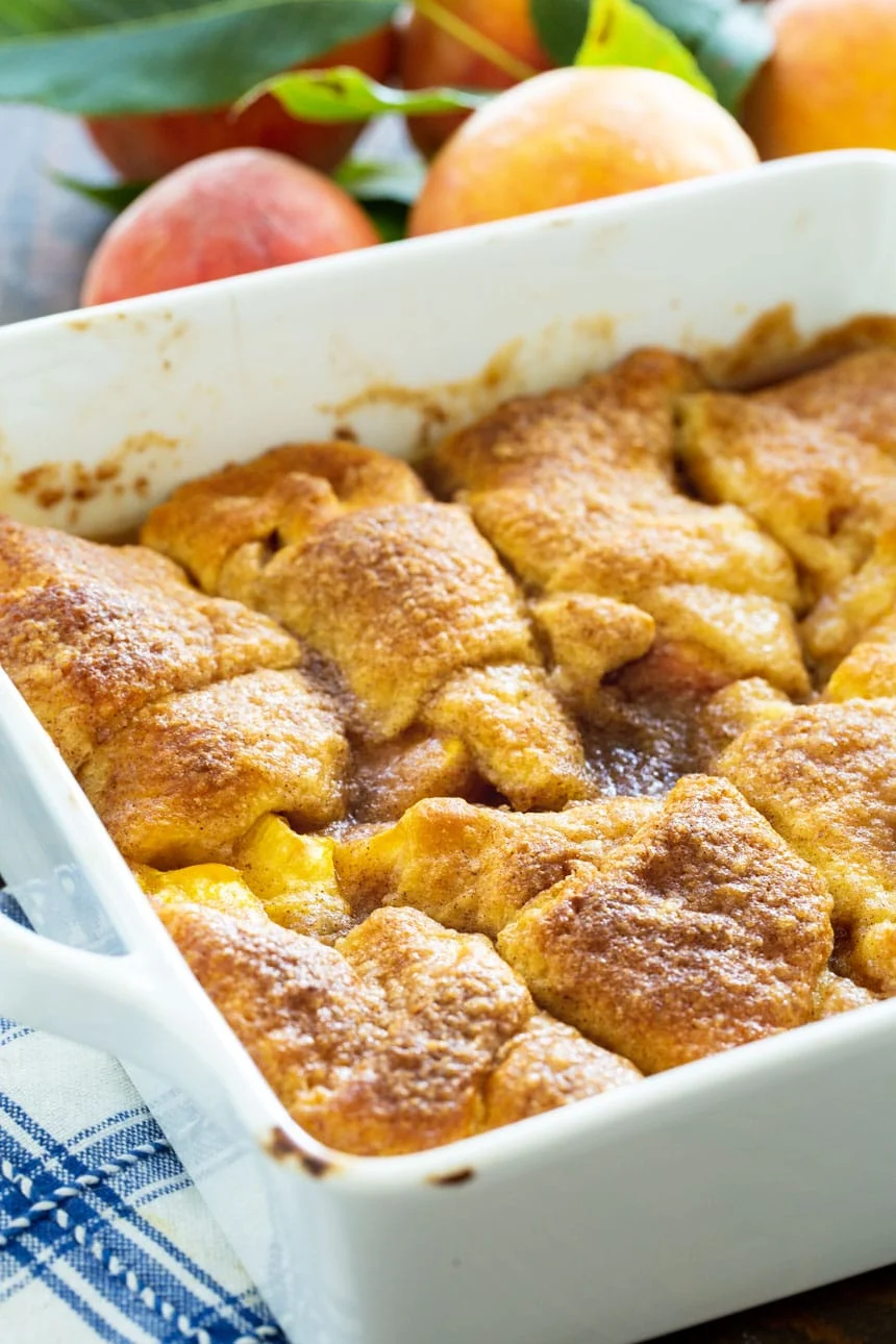 Peach Crescent Dumplings in a white baking dish
