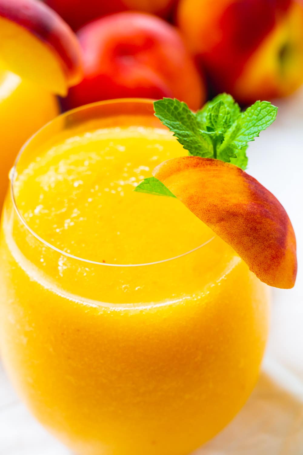 Close-up of a Peach Wine Slushie.