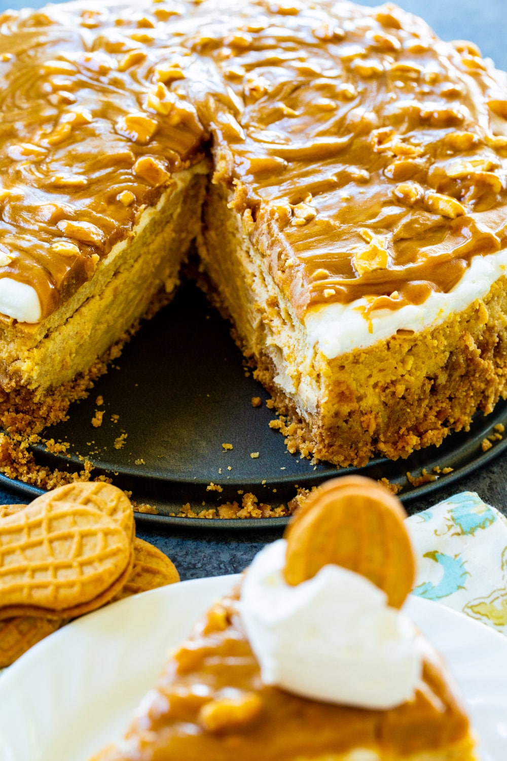 Peanut Butter Cheesecake with a slice cut out.