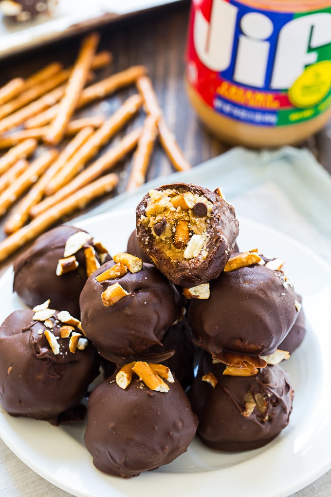 Peanut Butter Pretzel Truffles covered in chocolate