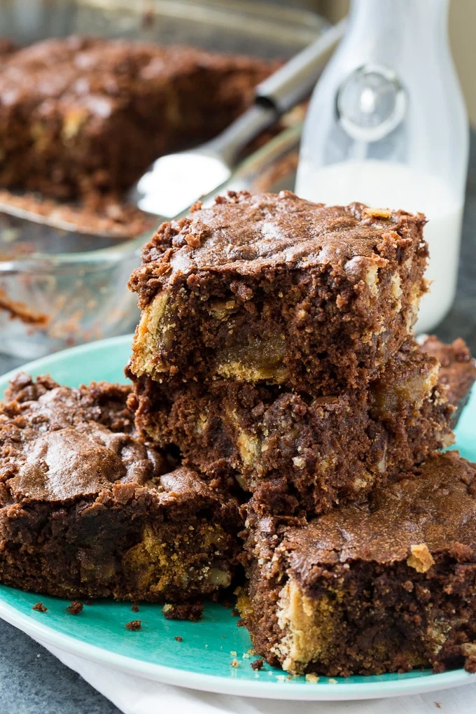 Pecan Pie Brownies have chunks of pecan pie throughout.