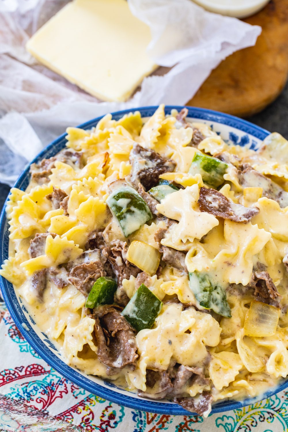 Mac and cheese in a serving bowl.