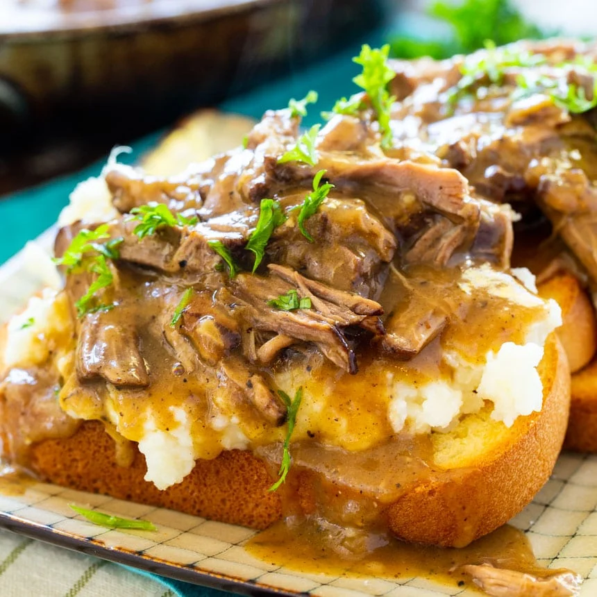 Hot Beef Sandwiches with Mashed Potatoes and Gravy