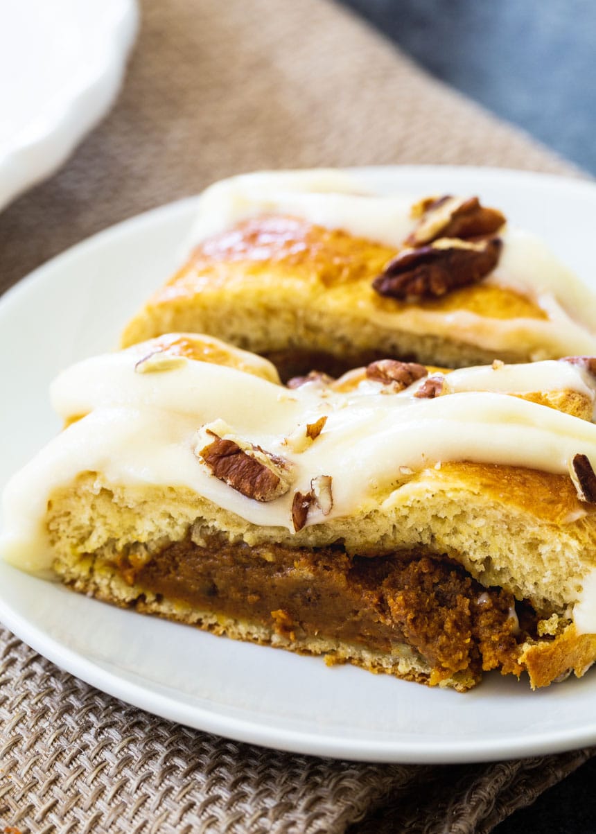 Two Slices of Pumpkin Briad on plate.