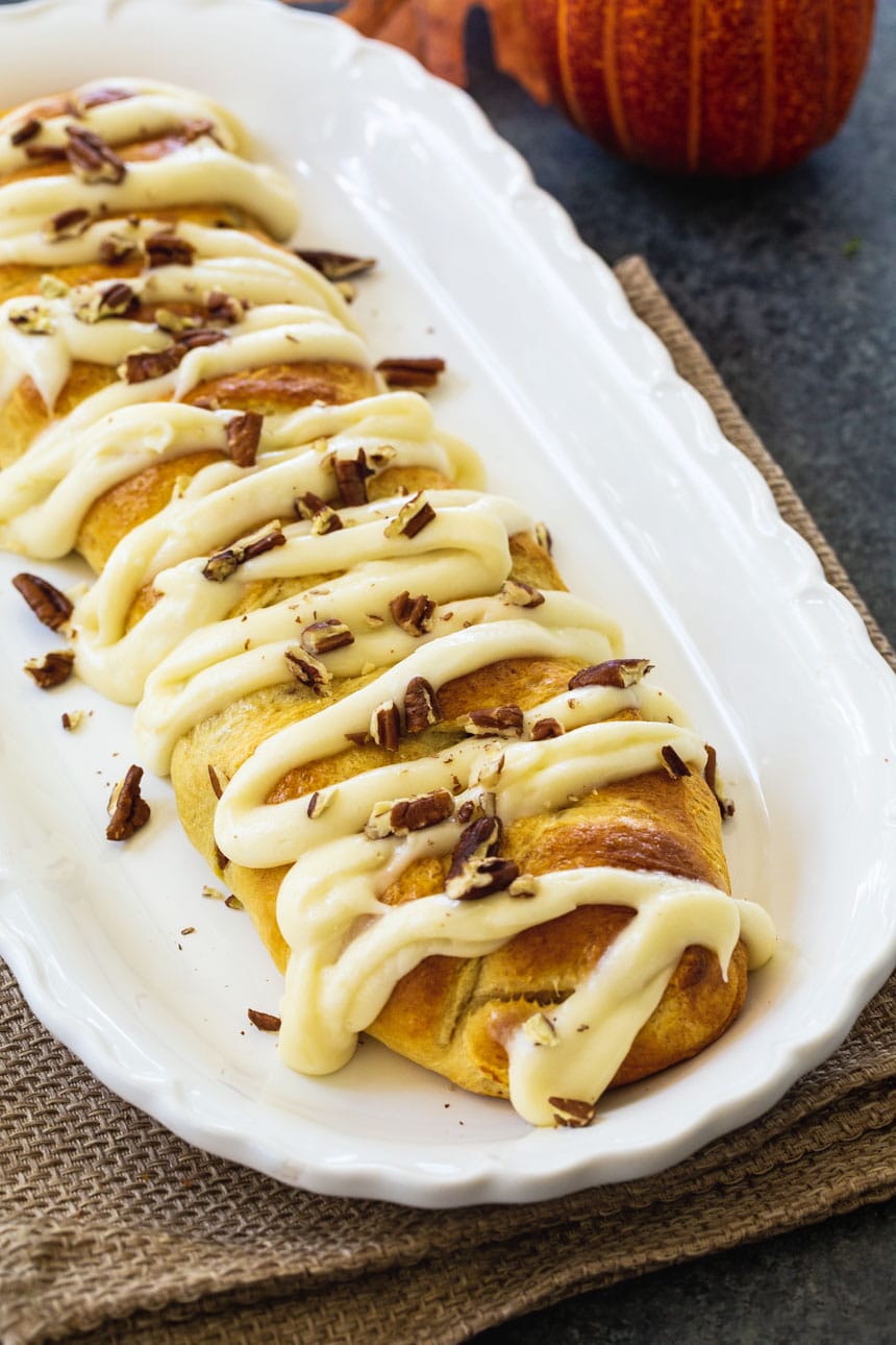 Pumpkin Crescent Braid on a serving platter.