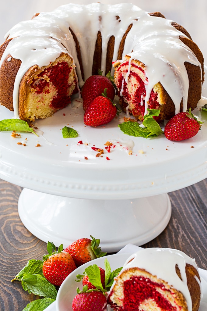 Red Velvet Marble Bundt Cake with glaze