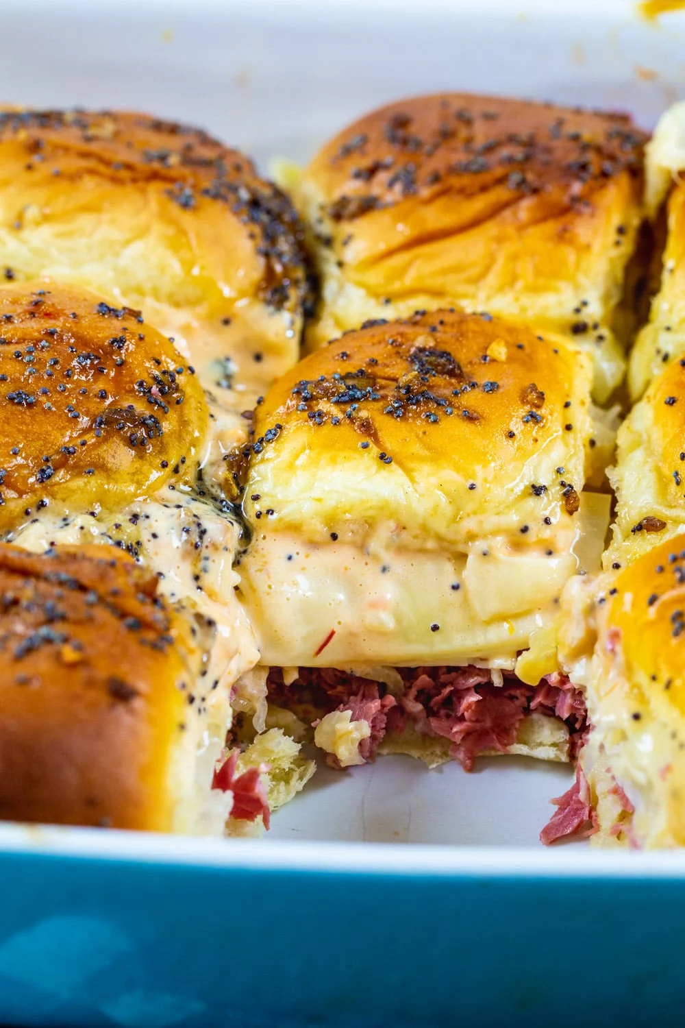 Baked Reuben Sliders in a baking dish.