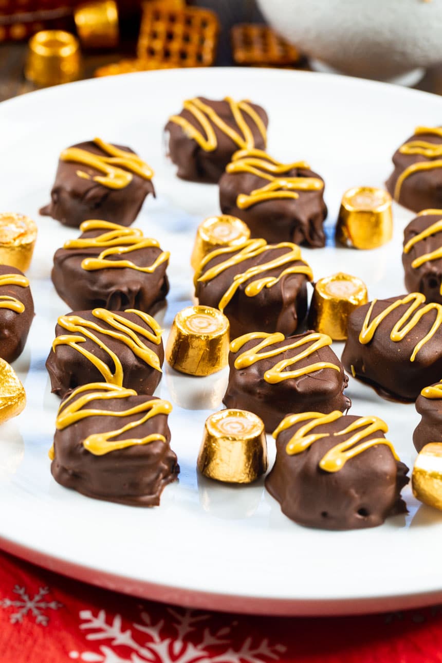 Rolo Pretzel Sandwiches on a white plate.