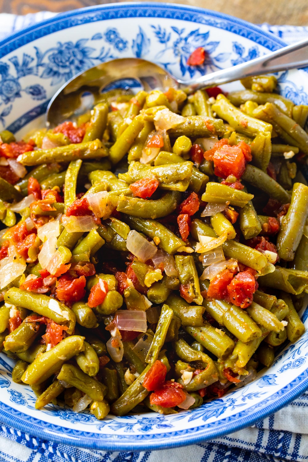 Rotel Green Beans in blue and white serving bowl.
