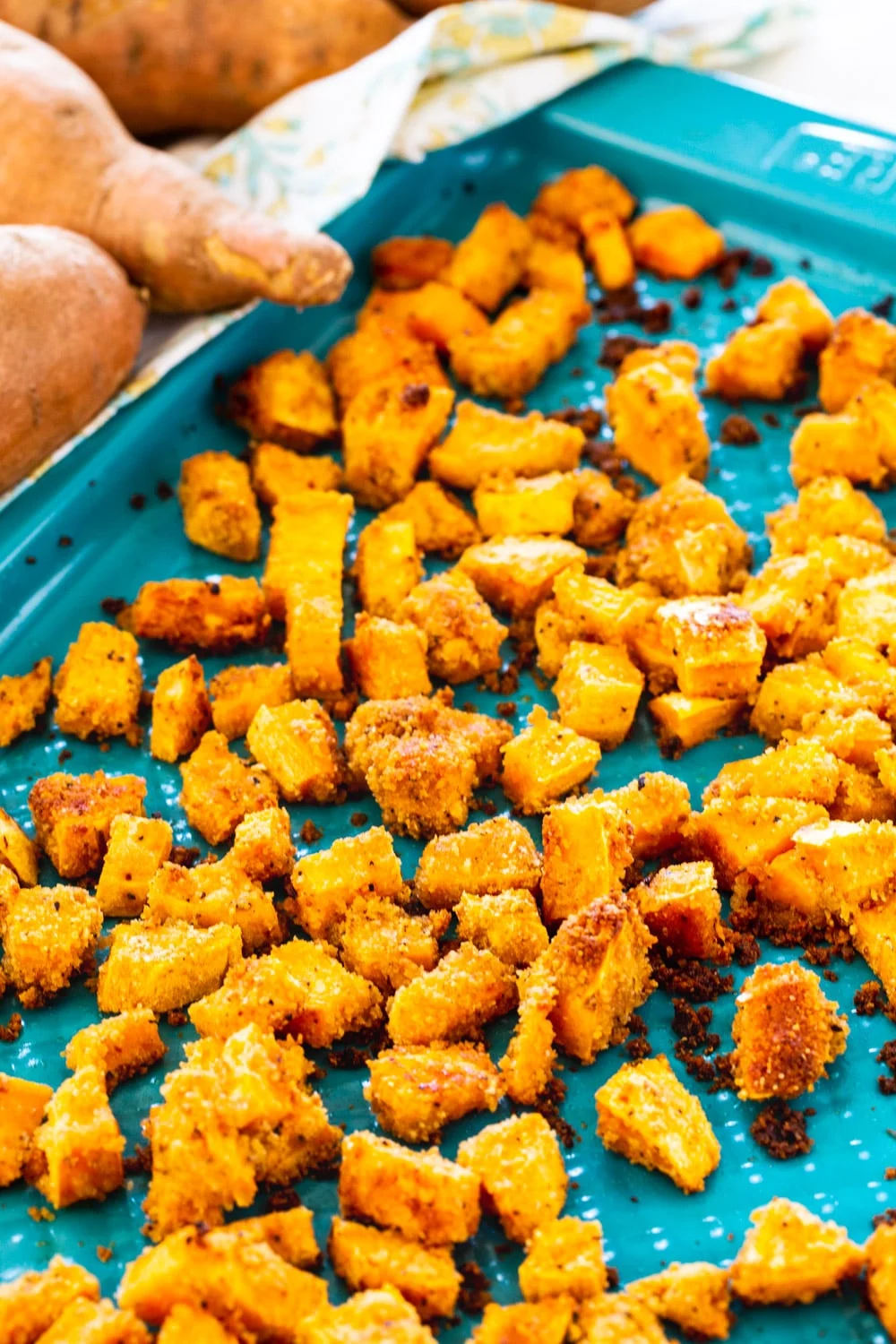 Shake and Bake Sweet Potatoes on baking sheet.