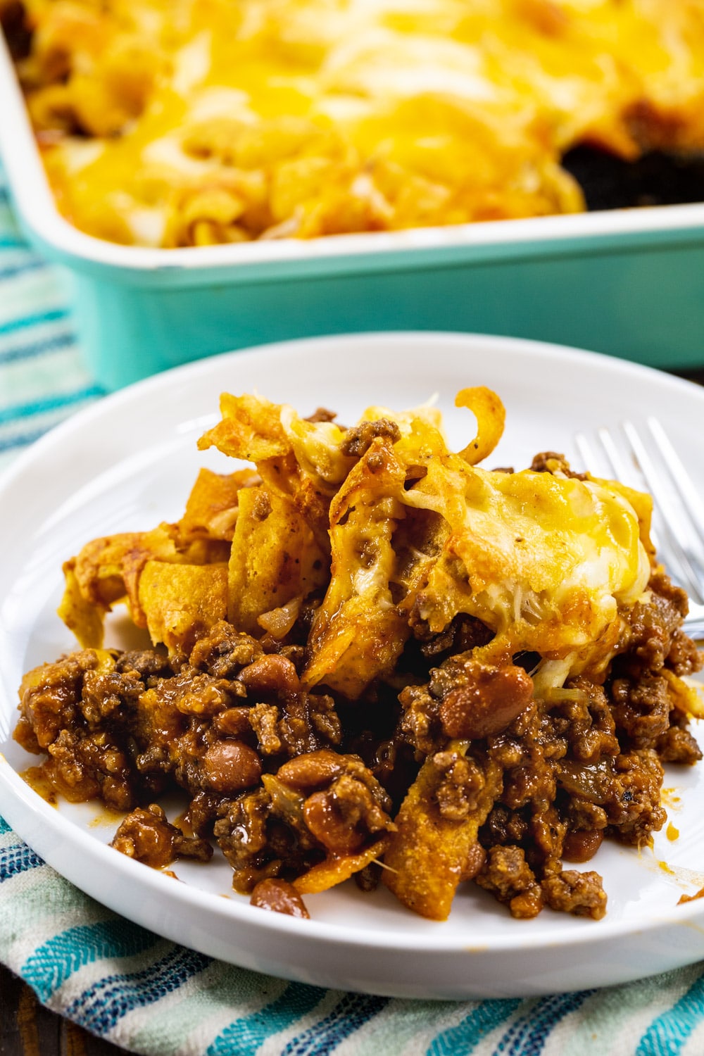 Serving of Sloppy Joe Frito Casserole on a plate.