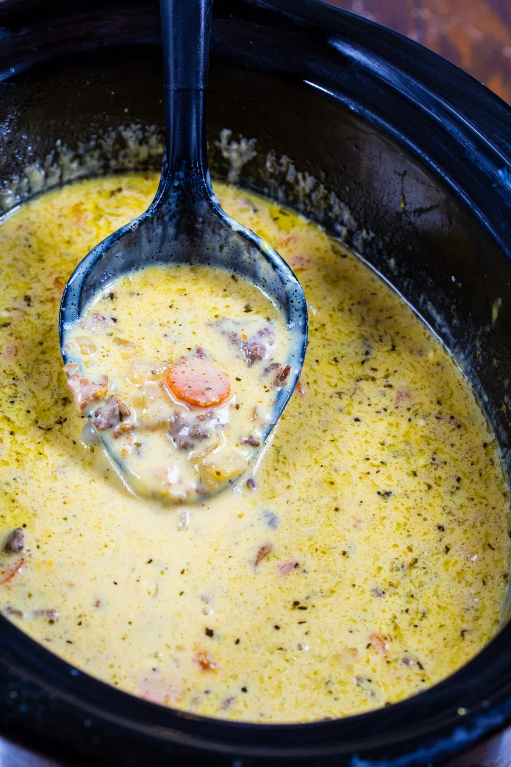 Cheeseburger Soup in a slow cooker.