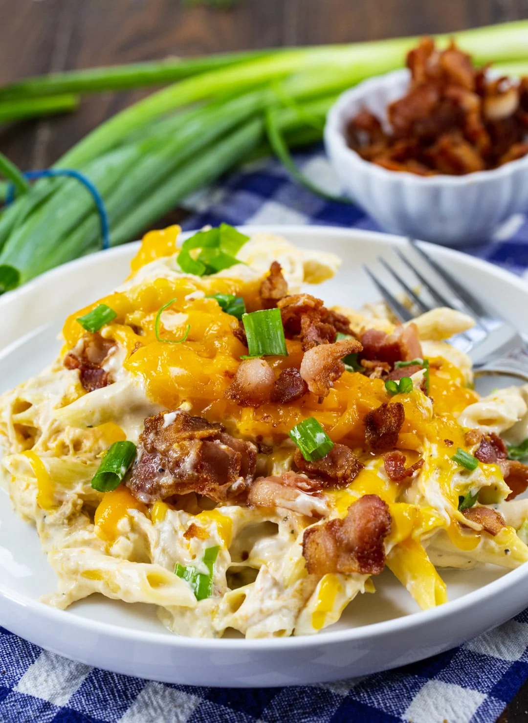 Crack Chicken Pasta dished up on a plate.