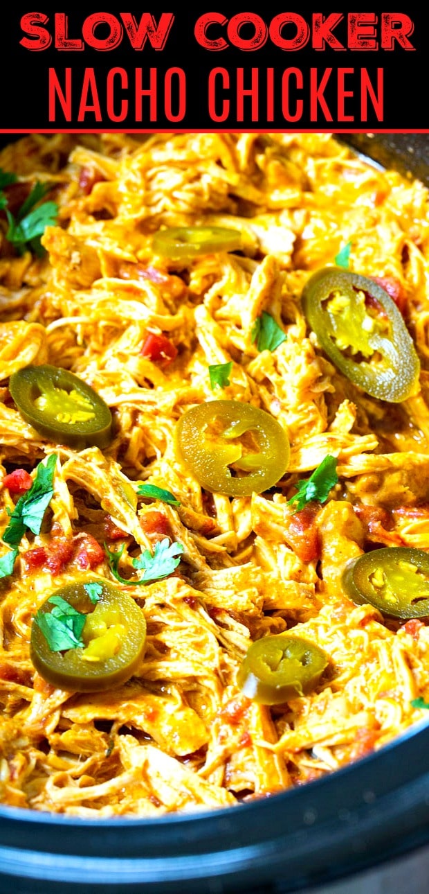 Slow Cooker Nacho Shredded Chicken in a crockpot