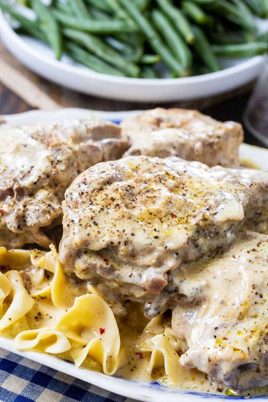 Creamy Ranch Pork Chops over noodles.
