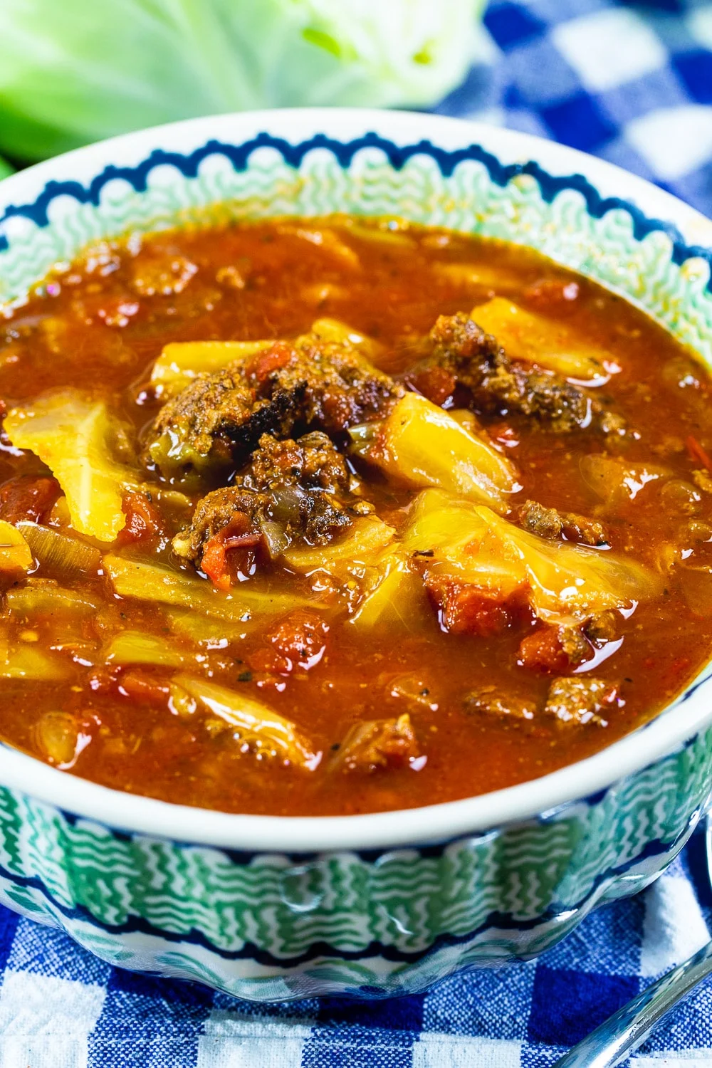 Bowl full of Slow Cooker Spicy Cabbage Beef Soup