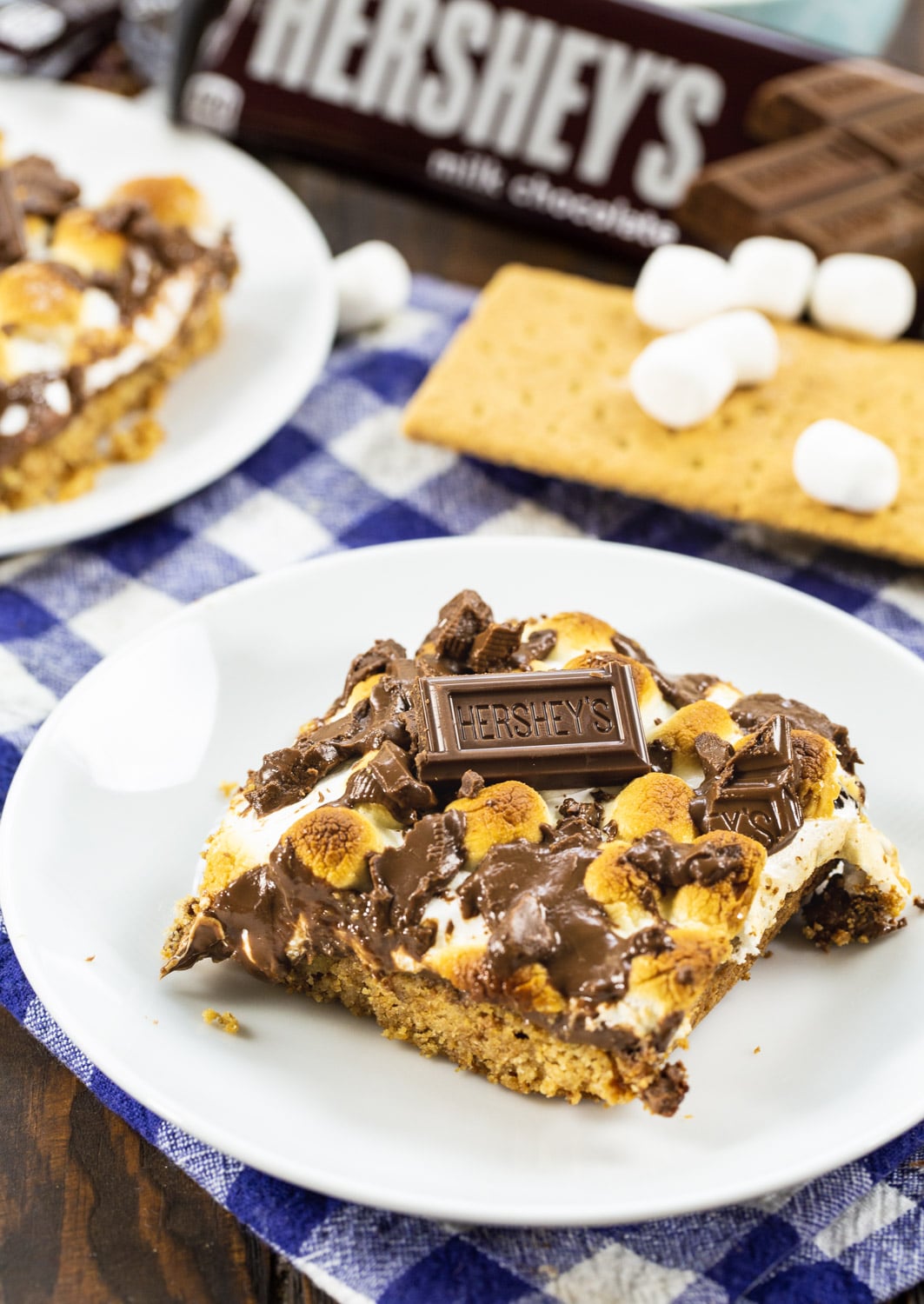 S'mores Bars surrounded by graham crackers and marshmallows.