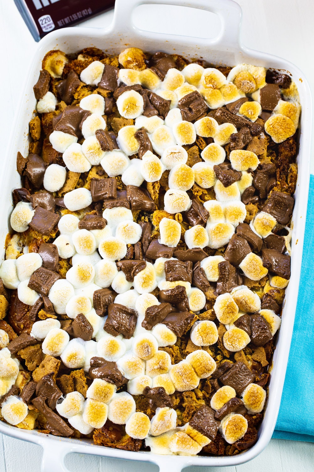 S'mores-style bread pudding in a 9x13-inch baking dish.