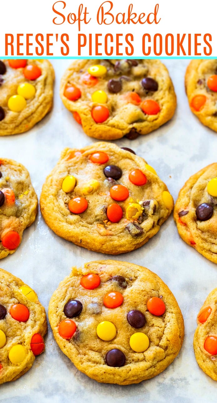 Reese's Pieces Cookies on a baking sheet.