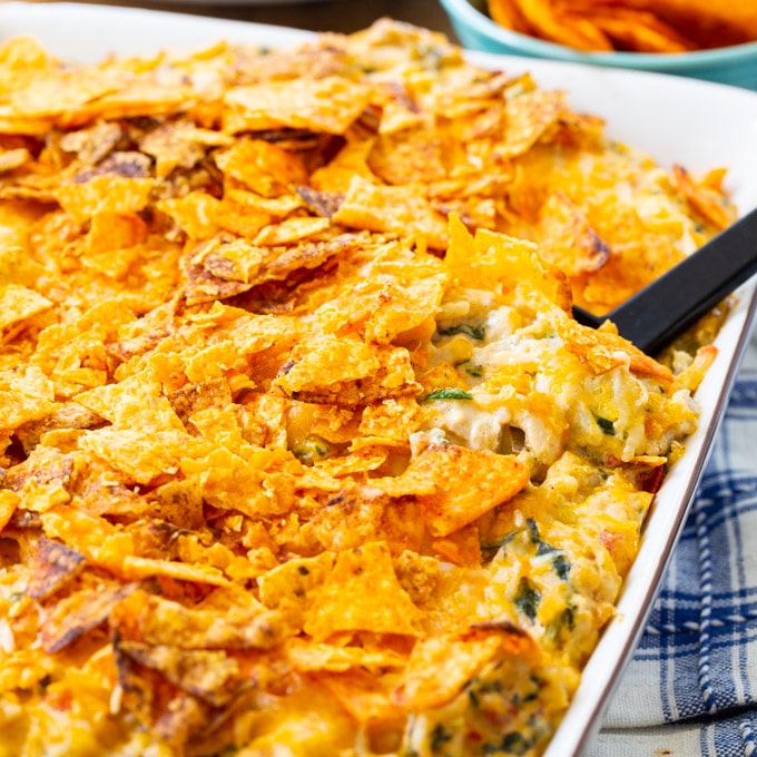 Southwestern Turkey Rice Casserole in a casserole dish