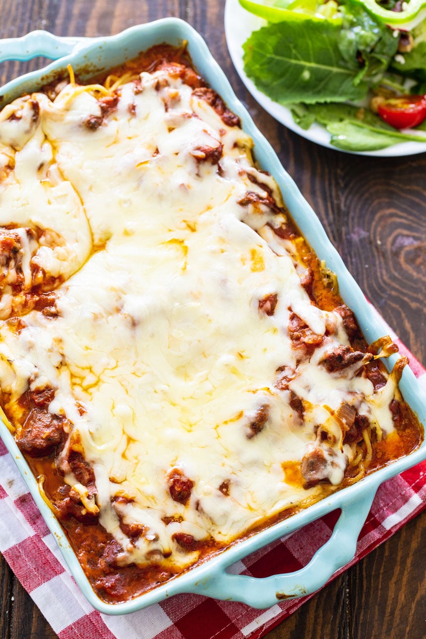 Spaghetti Casserole in a blue baking dish