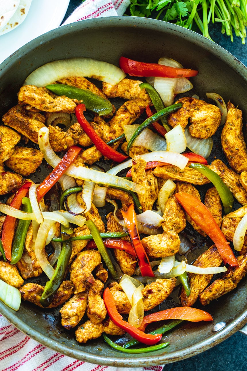 Chicken Fajitas in a large skillet.