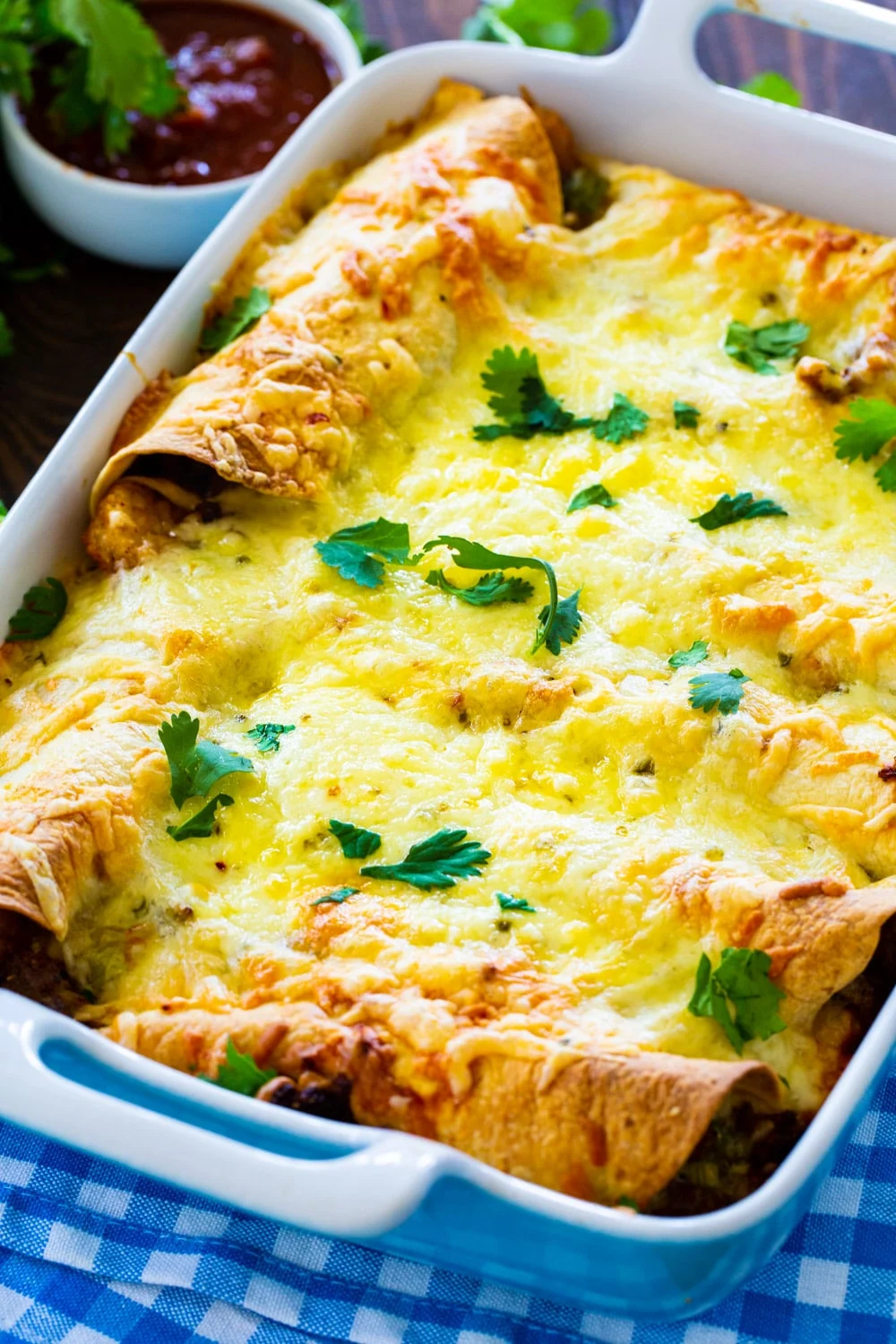 Breakfast Enchiladas in a casserole dish.