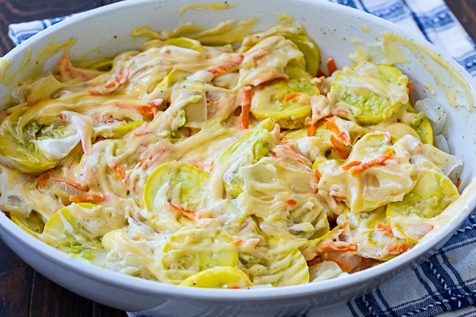 squash and onions in casserole dish