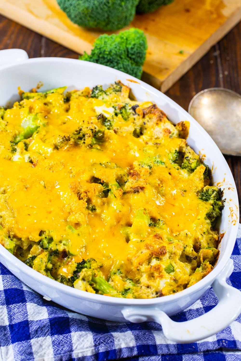 Broccoli Casserole with stuffing in a white casserole dish.