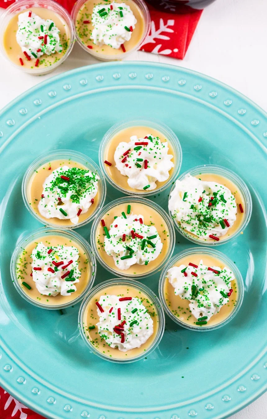 Sugar Cookie Jello Shots on a blue plate.