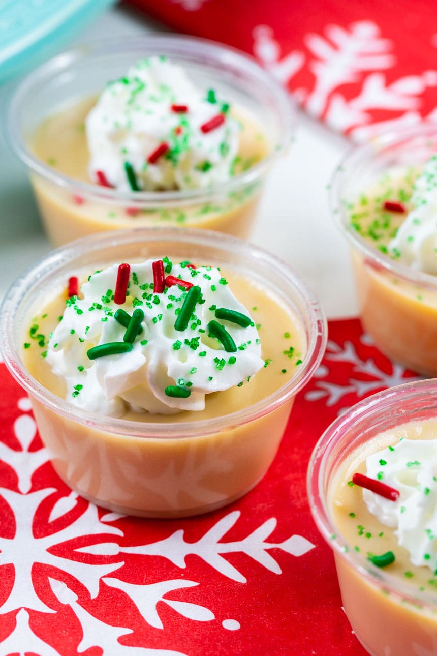 Sugar Cookie Jello Shots on a red snowflake napkin.