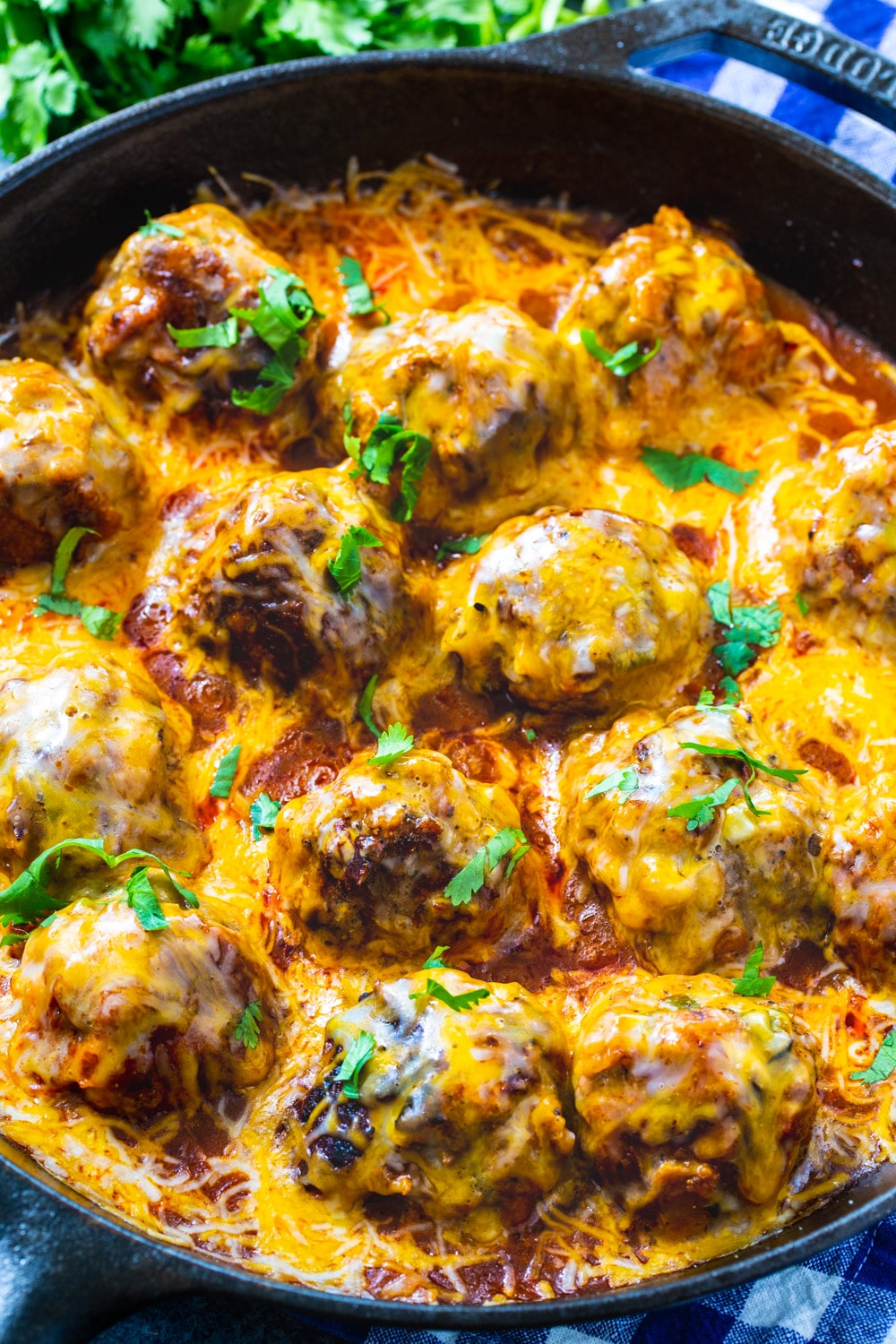 Tex Mex Meatballs in cast iron skillet.