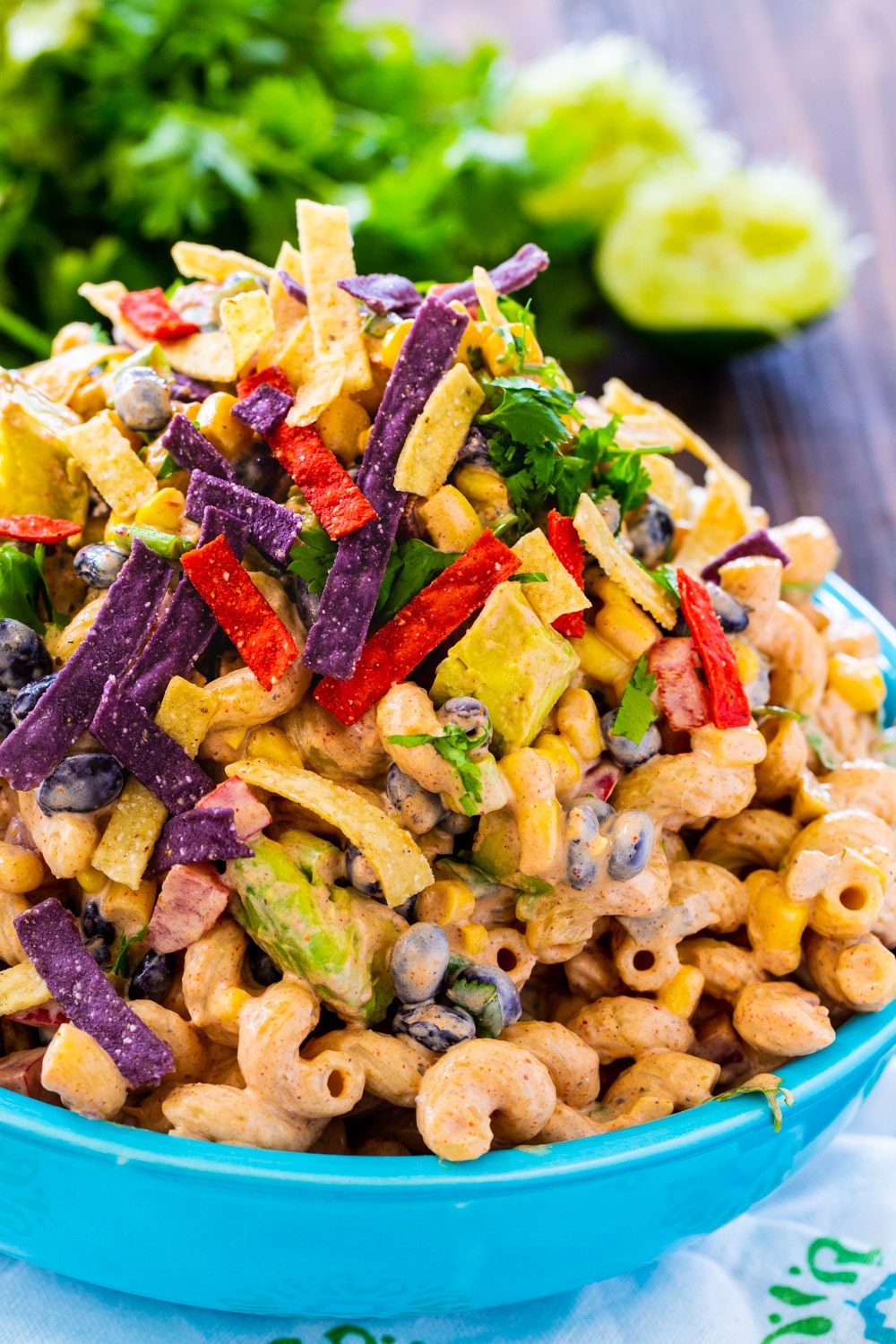 Tex Mex PAsta Salad in a blue bowl.