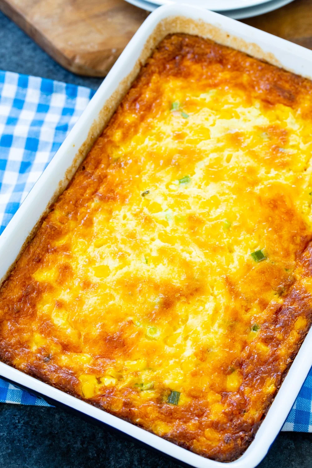 Corn Casserole in a baking pan.