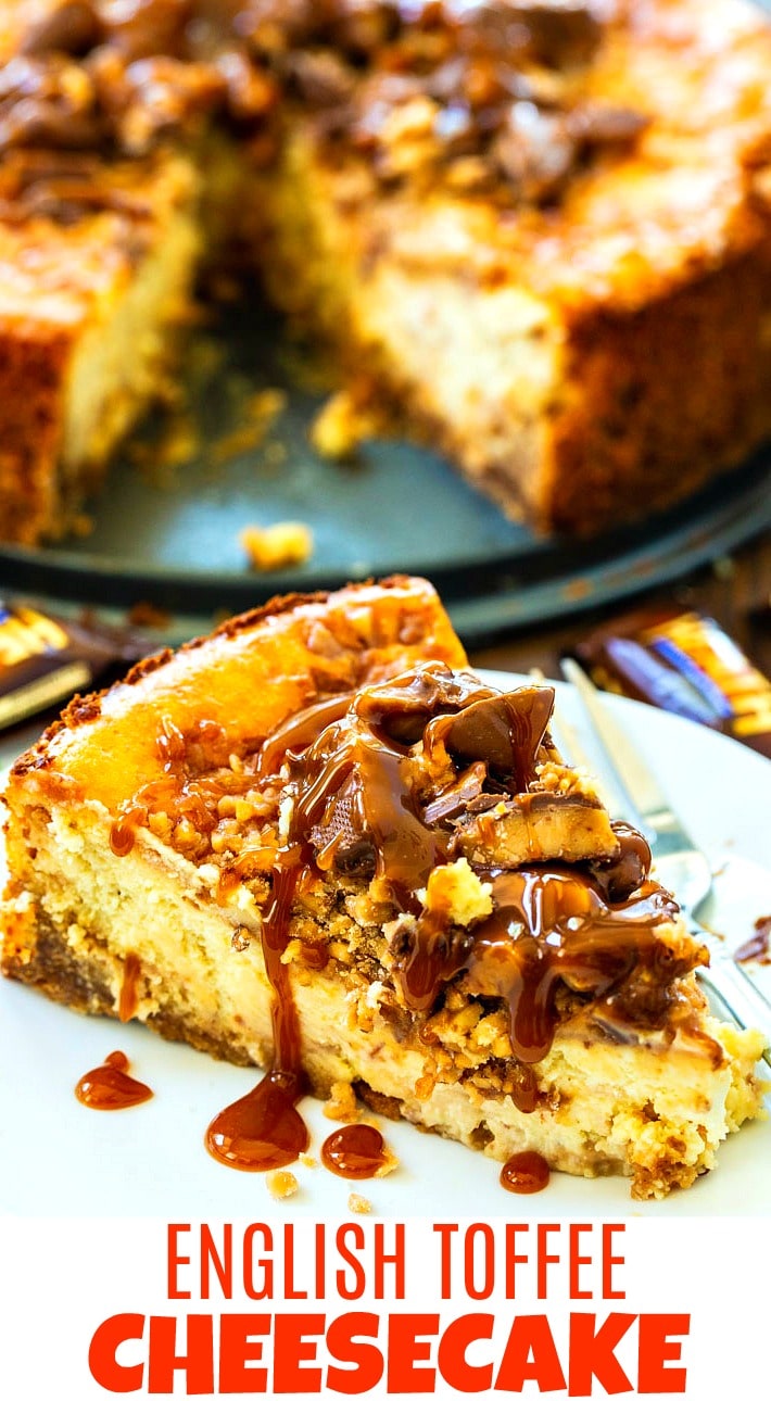 A slice of English Toffee Cheesecake on a white plate with more cheesecake in the background