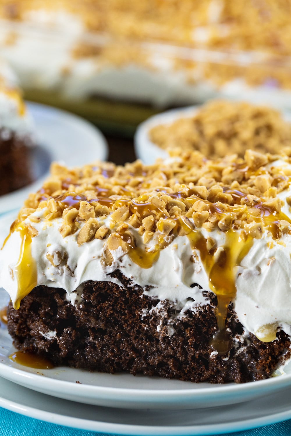 Close-up of piece of Toffee Poke Cake.