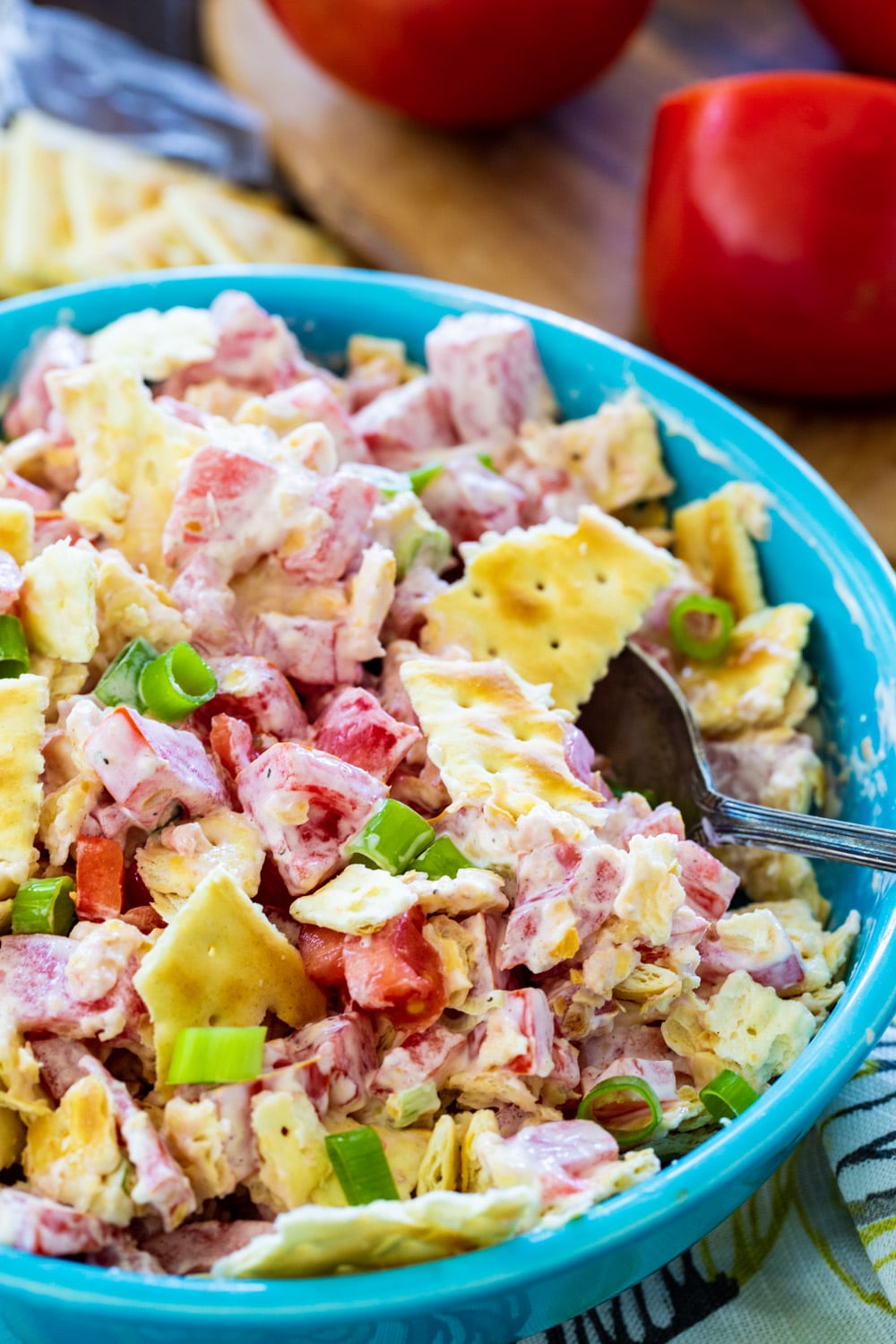 Tomato Cracker Salad in a blue bowl.