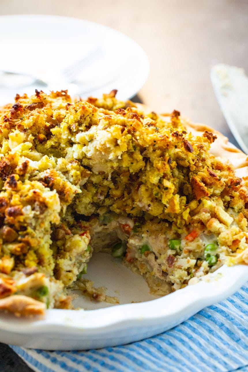Turkey Pot Pie with Stuffing Topping with a slice cut out.