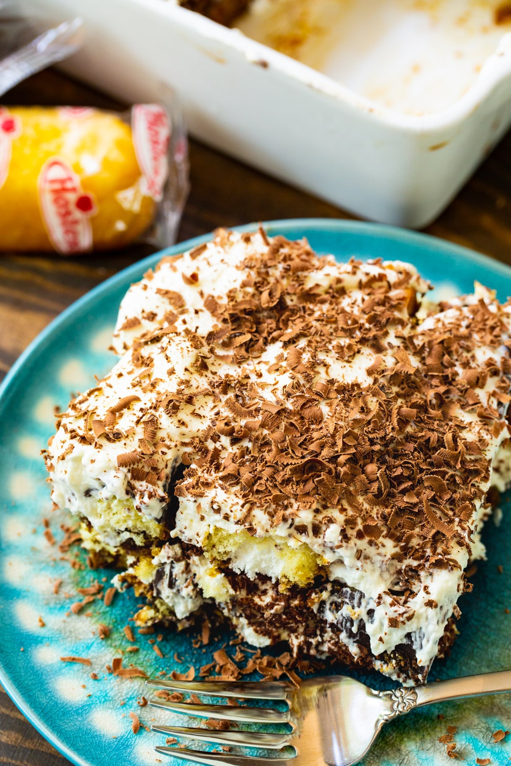 Twinkie Tiramisu on a blue plate.