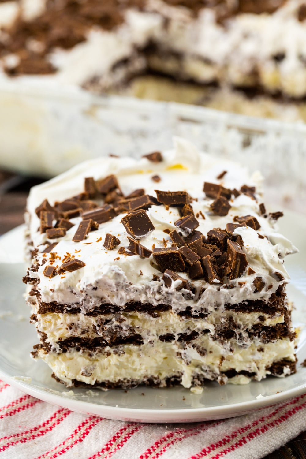 Slice of White Chocolate Lasagna on a plate.