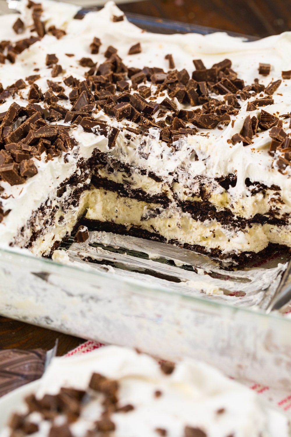 White Chocolate Lasagna in baking dish.