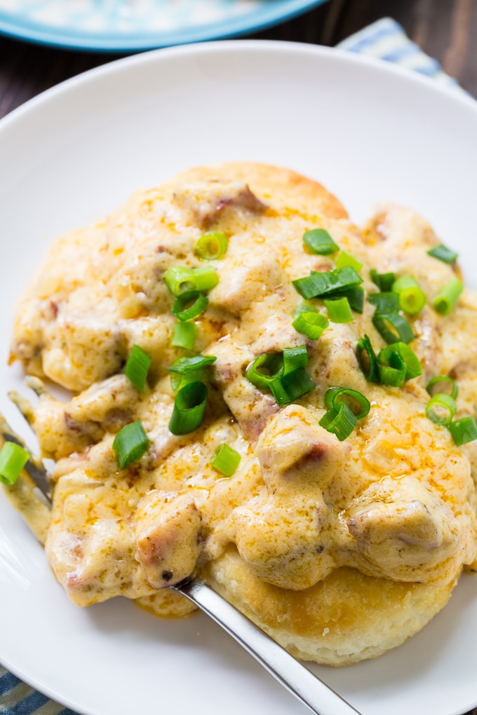 Andouille Sausage Gravy served over buttermilk biscuits