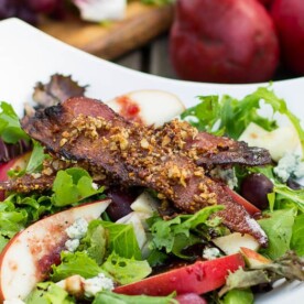 Apple and Pear Salad with Maple Pecan Bacon and Cranberry Vinaigrette. Such a delicious fall salad!