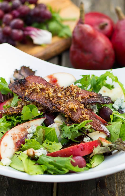 Apple and Pear Salad with Maple Pecan Bacon and Cranberry Vinaigrette