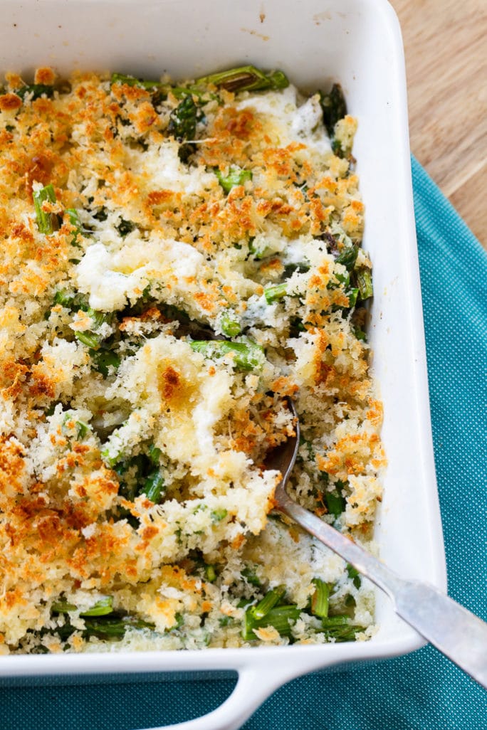 An asparagus and mascarpone gratin with bread crumb topping.