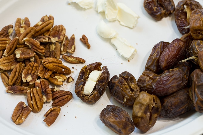 Bacon Wrapped Dates with pecans and cream cheese